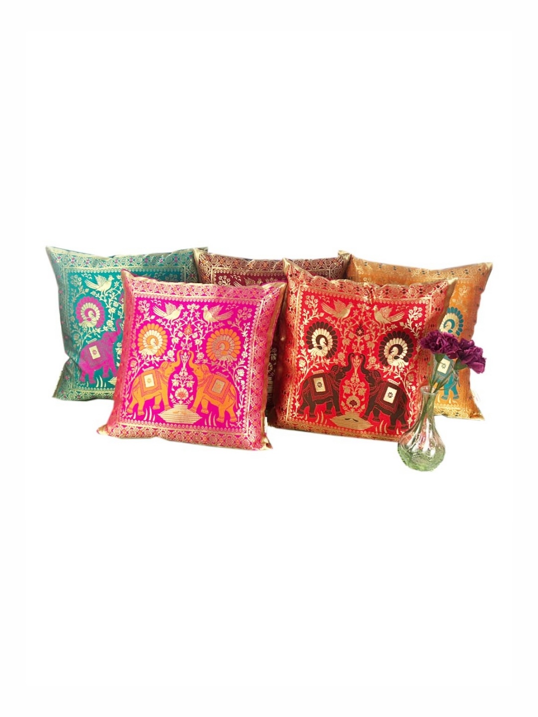 

Pink Parrot Pink & Red 5 Pieces Ethnic Motifs Printed Square Cushion Covers