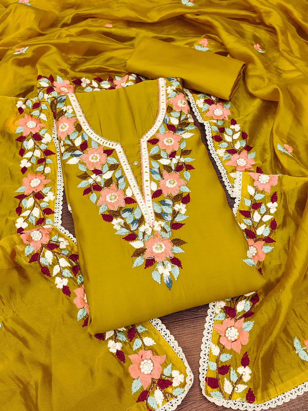 

Maroosh Floral Embellished Beads and Stones Organza Unstitched Dress Material, Mustard