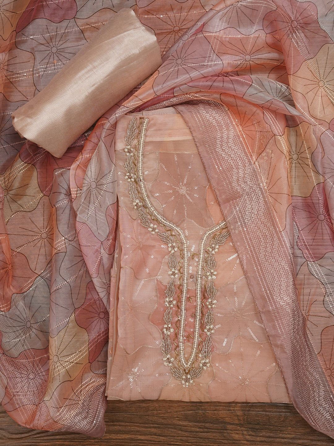 

Jaipur Kurti Floral Sequin Embroidered Organza Dress Material with Dupatta, Peach