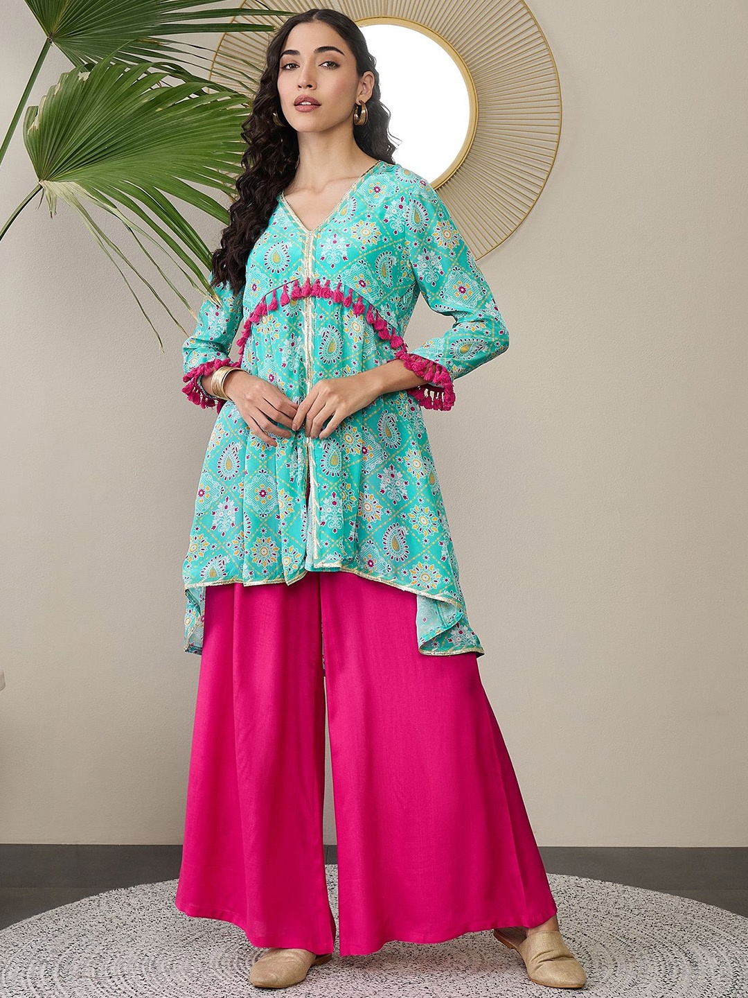 

ADORNIA Ethnic Motifs Printed Gotta Patti A-Line Kurta With Palazzos, Sea green