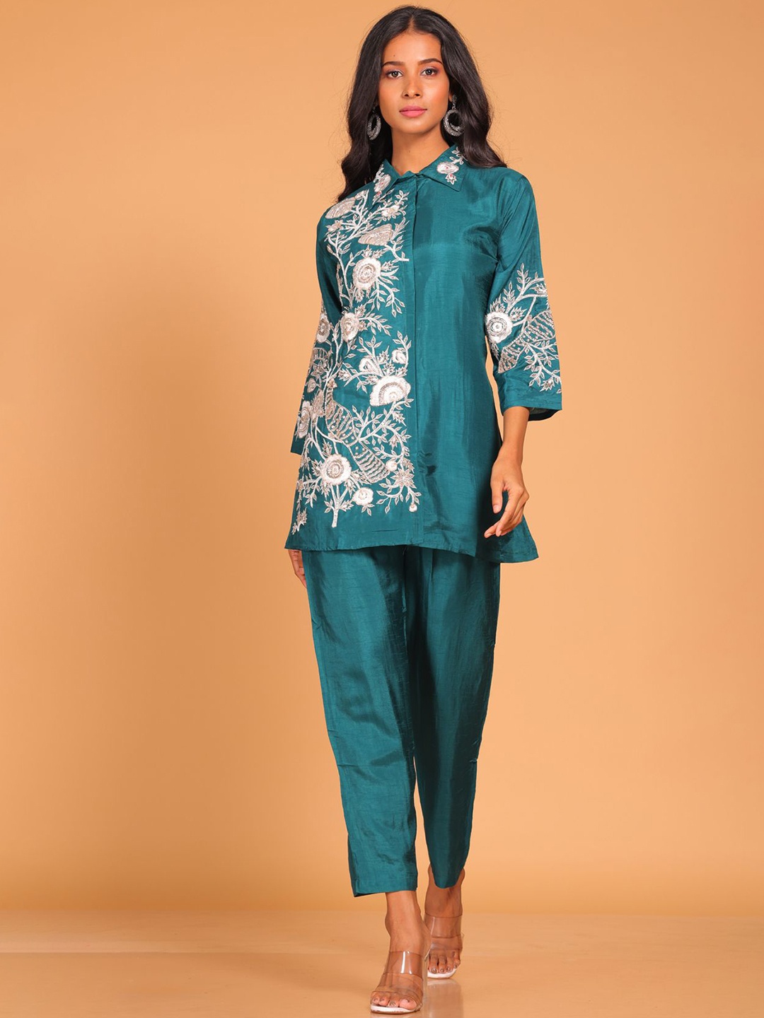 

Morchari Floral Embroidered Pure Silk Tunic with Trousers, Green