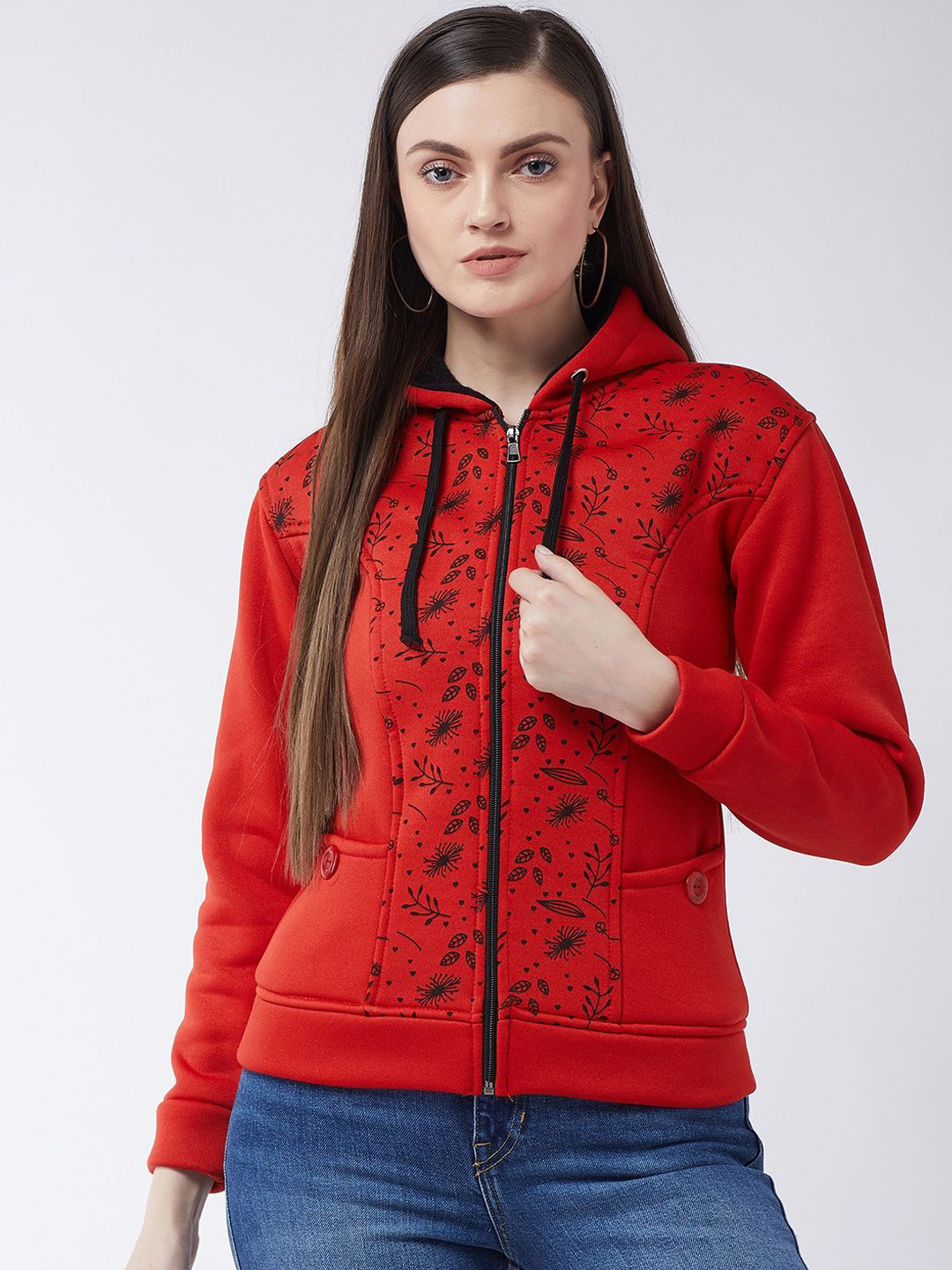 

PIVL Women Floral Printed Windcheater Hooded Jacket, Red
