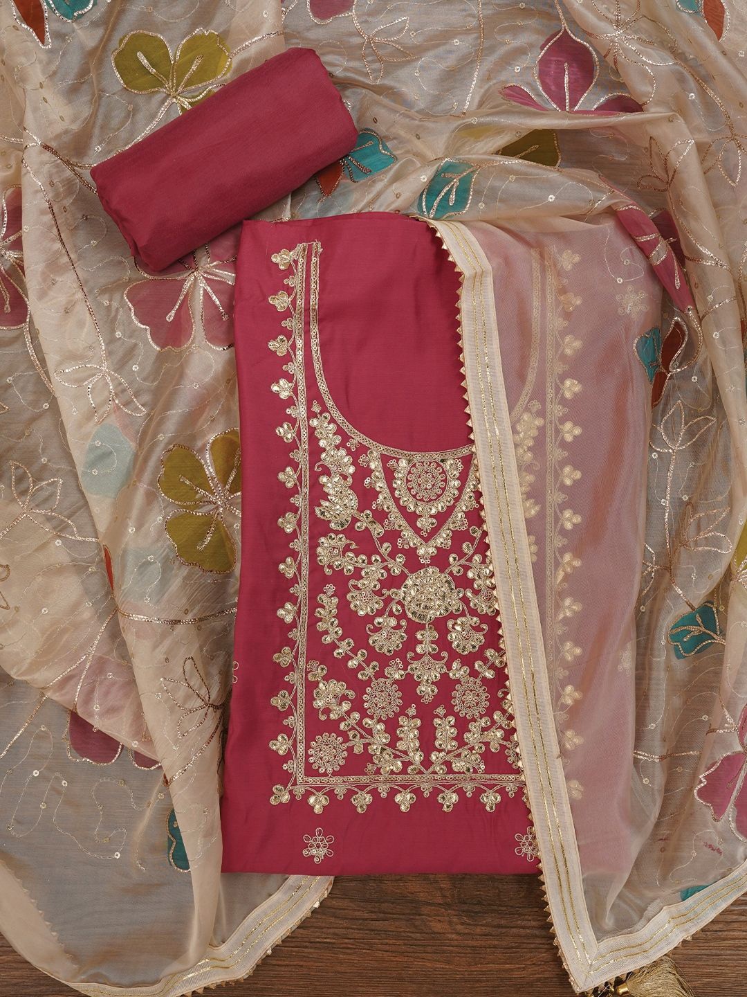 

Jaipur Kurti Floral Printed Embroidered Pure Silk Dress Material with Dupatta, Pink