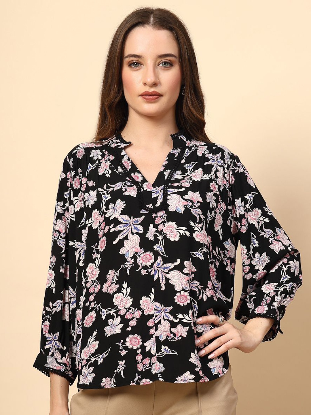 

Gipsy Mandarin Collar Printed Tunic, Black