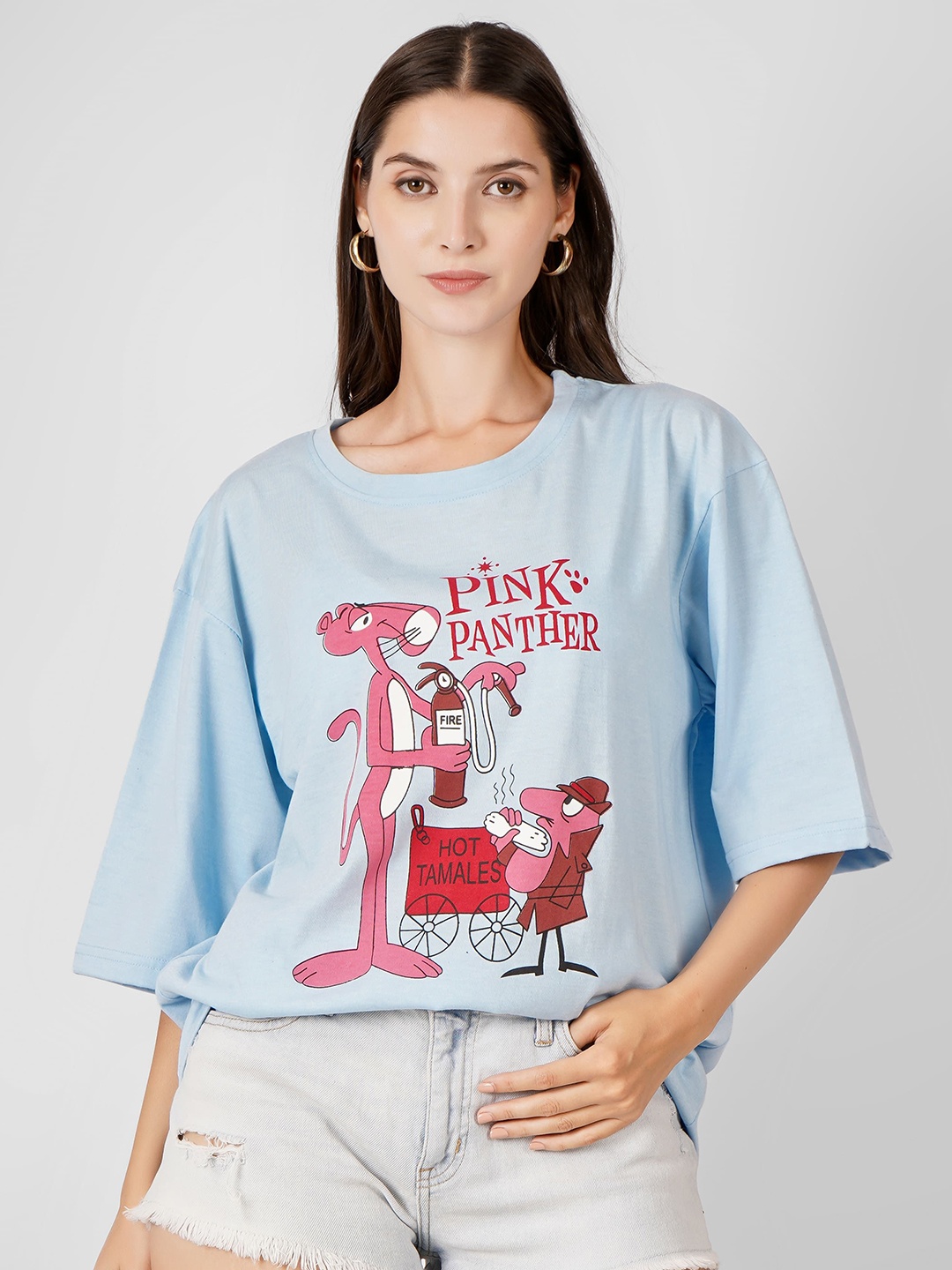

MIMID Women Typography Printed Round Neck Cotton Oversized T-shirt, Blue