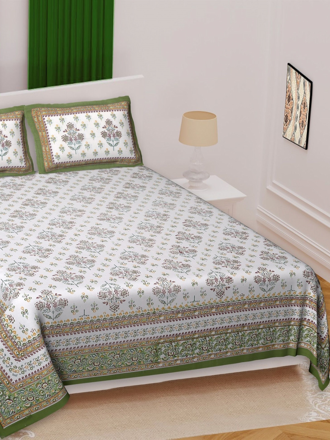 

Texstylers Green & White Floral Printed Cotton 144 TC Queen Bedsheet with 2 Pillow Covers
