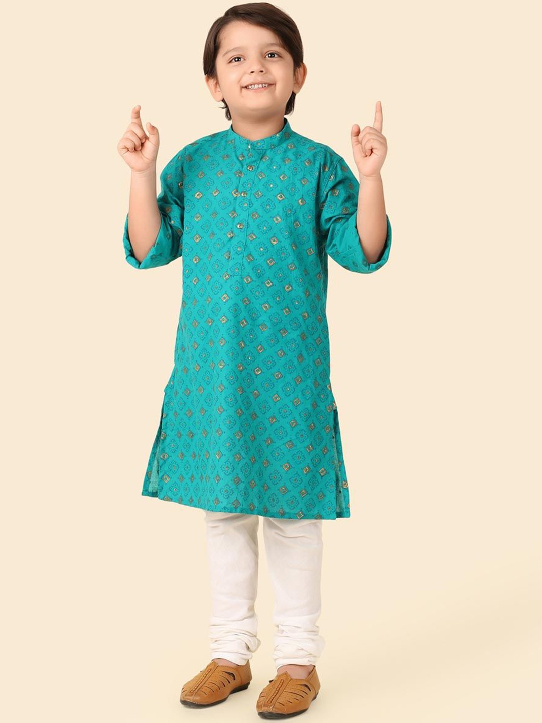 

Fabindia Boys Geometric Printed Band Collar Cotton Straight Kurta, Teal