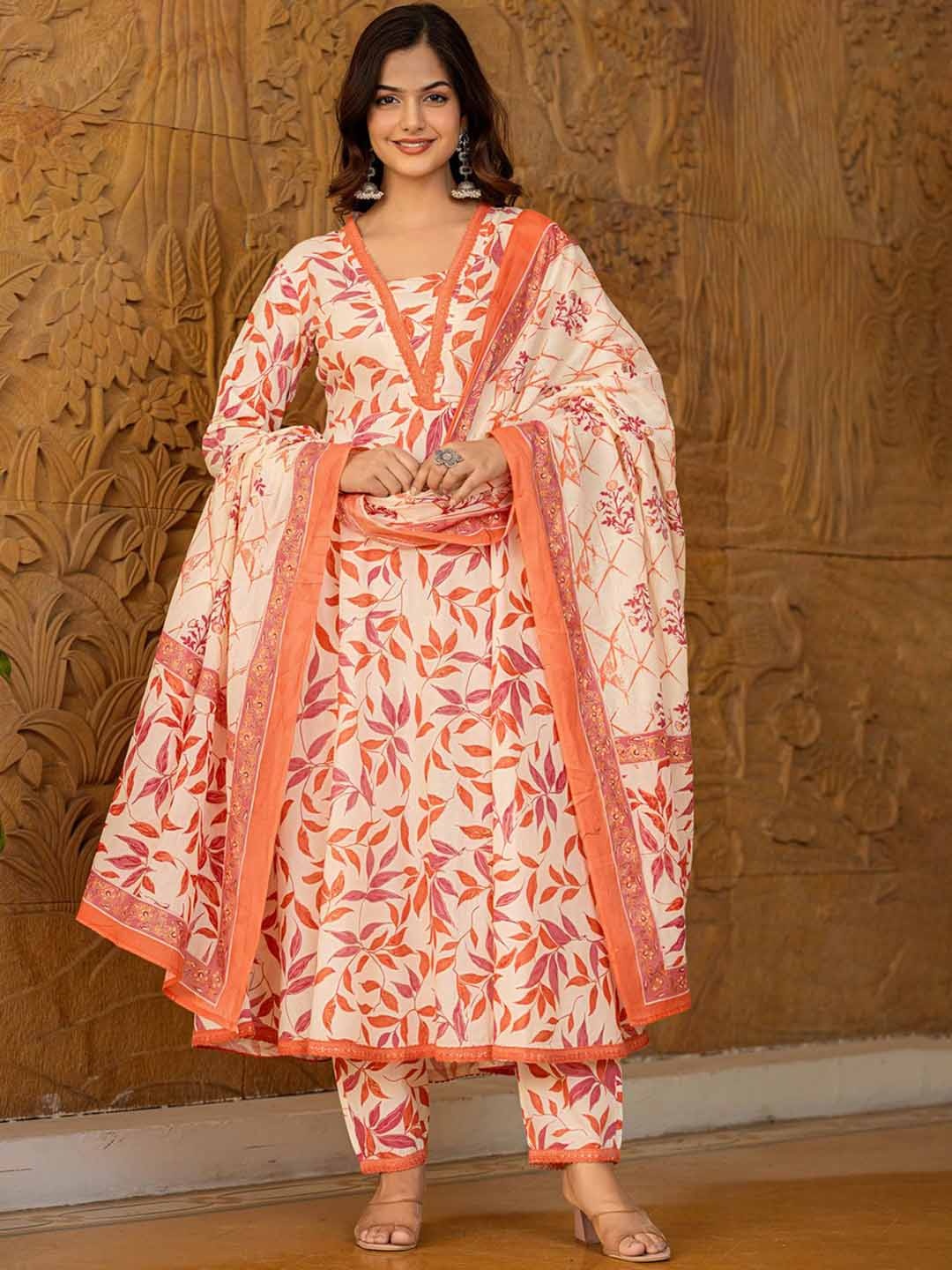 

KALINI Floral Printed Gotta Patti Pure Cotton Anarkali Kurta With Palazzos & Dupatta, Orange