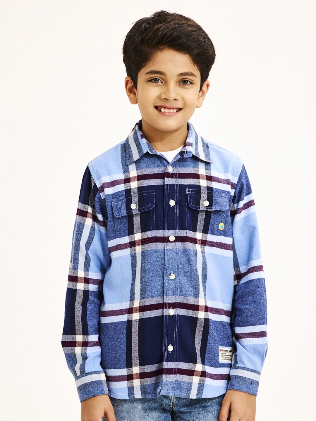 

NO MONDAYS Boys Relaxed Spread Collar Checked Cotton Casual Shirt, Blue