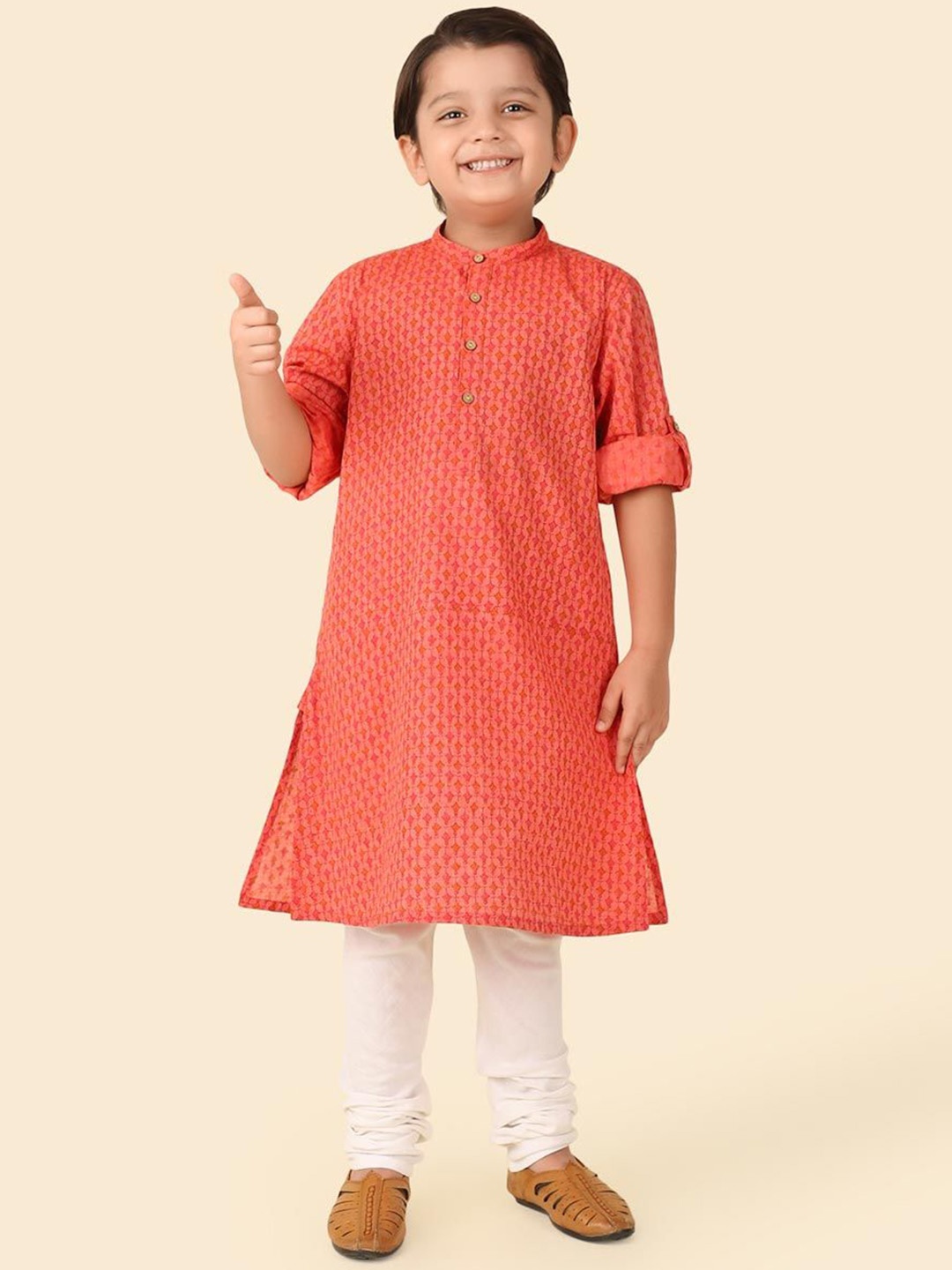 

Fabindia Boys Ethnic Motifs Printed Band Collar Cotton Straight Kurta, Coral