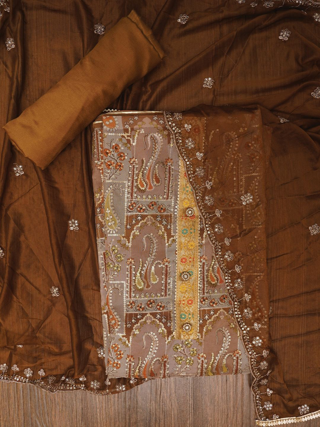 

Jaipur Kurti Sequin Embellished Organza Dress Material with Dupatta, Brown