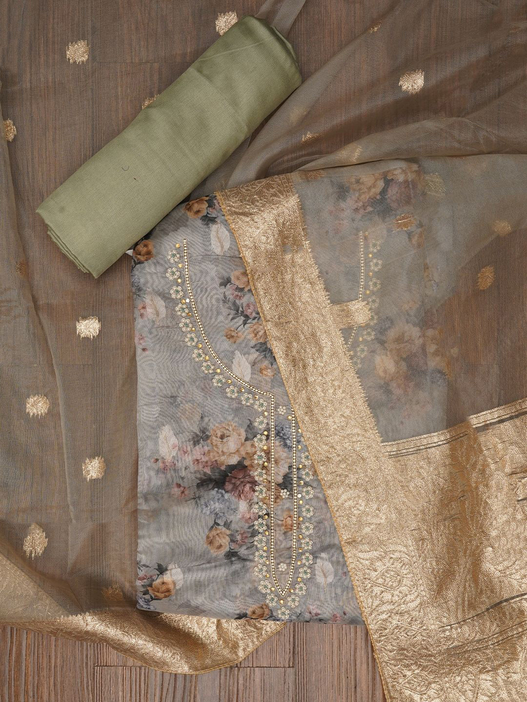 

Jaipur Kurti Embellished Floral Printed Organza Dress Material with Dupatta, Sea green