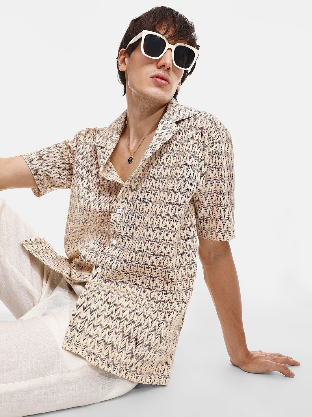 

Campus Sutra Men Comfort Cuban Collar Geometric Printed Cotton Oversized Casual Shirt, Beige