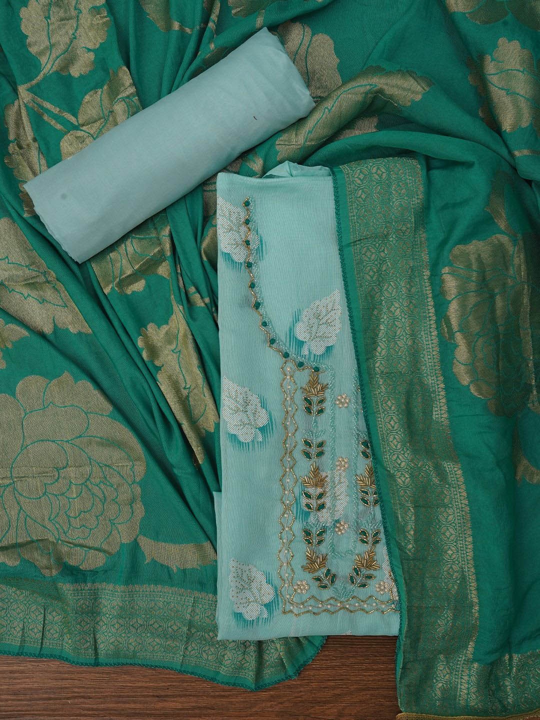 

Jaipur Kurti Embellished Woven Design Cotton Dress Material with Dupatta, Sea green