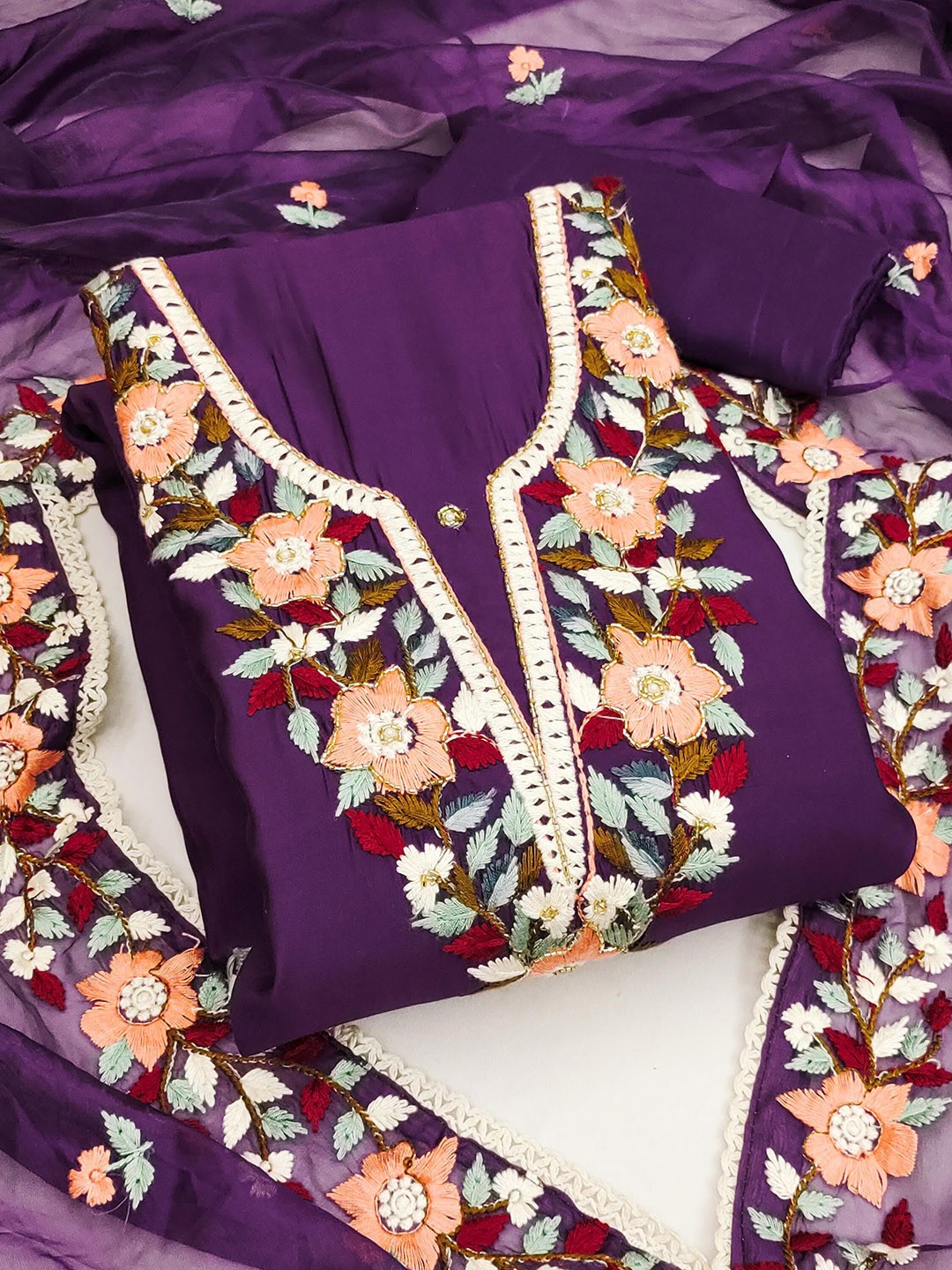 

Maroosh Ethnic Motifs Embroidered Beads and Stones Unstitched Dress Material, Purple