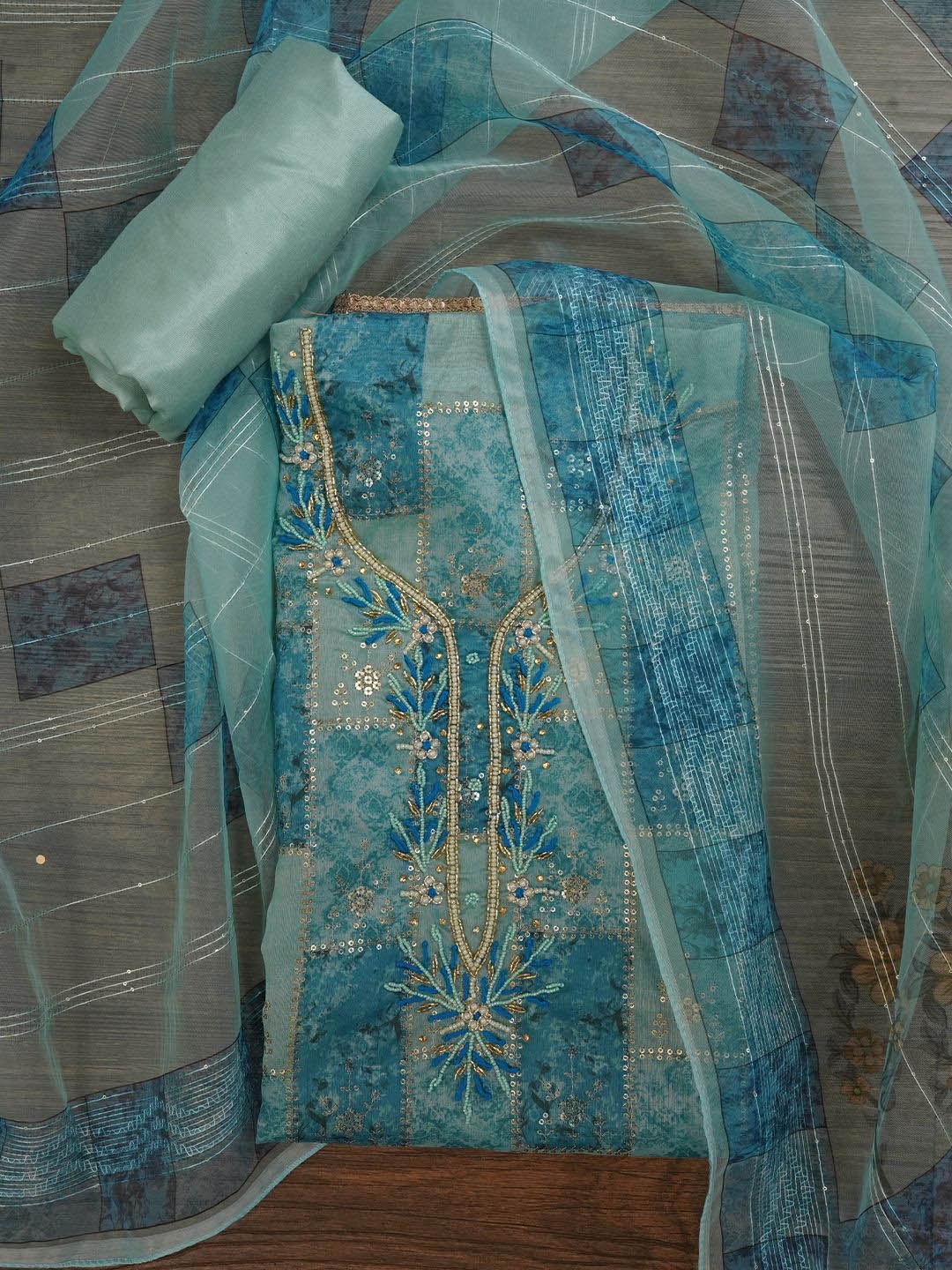 

Jaipur Kurti Festive Silk Blend Zari Woven Dress Material With Dupatta, Sea green