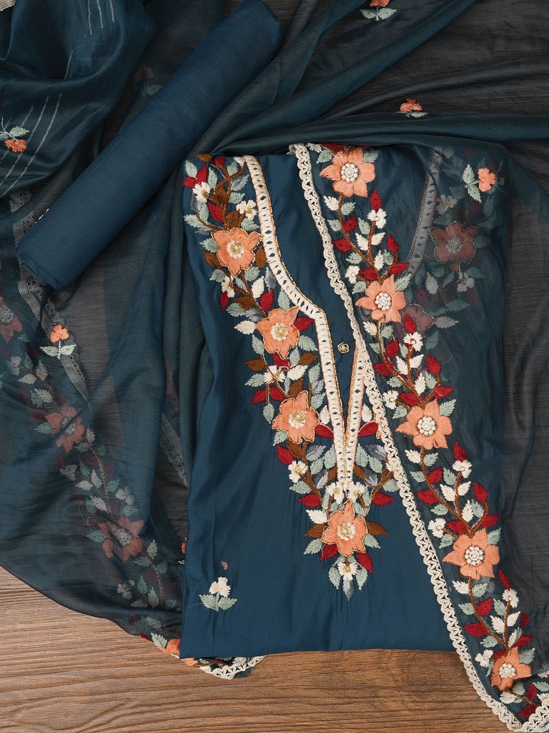 

Jaipur Kurti Pure Silk Lucknowi Embroidered Dress Material with Dupatta, Teal
