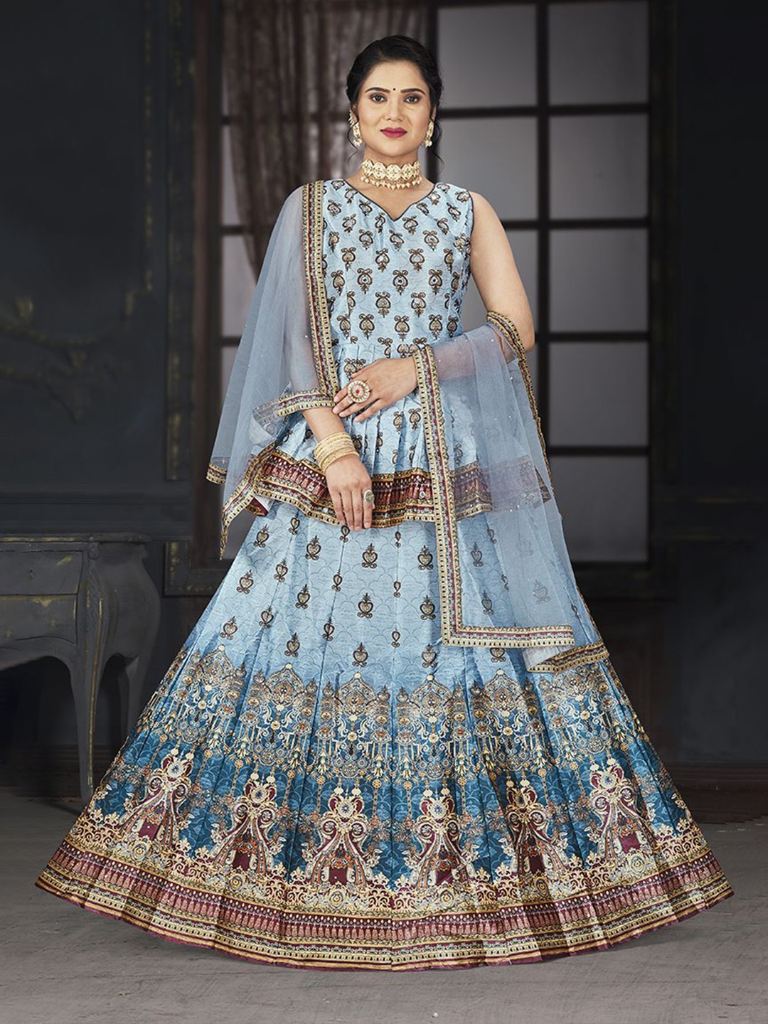 

Krimmple Printed Beads and Stones Ready to Wear Lehenga & Blouse With Dupatta, Grey