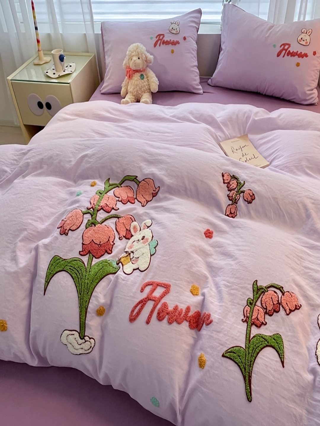 

JC HOME Purple & Green Embroidered Double Queen Regular Bedding Set