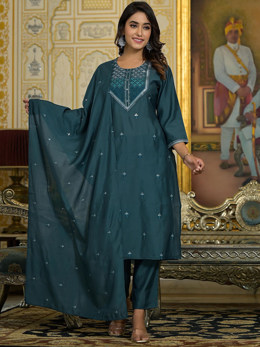 

Juniper Floral Embroidered Sequinned Round Neck Straight Kurta With Trousers & Dupatta, Green