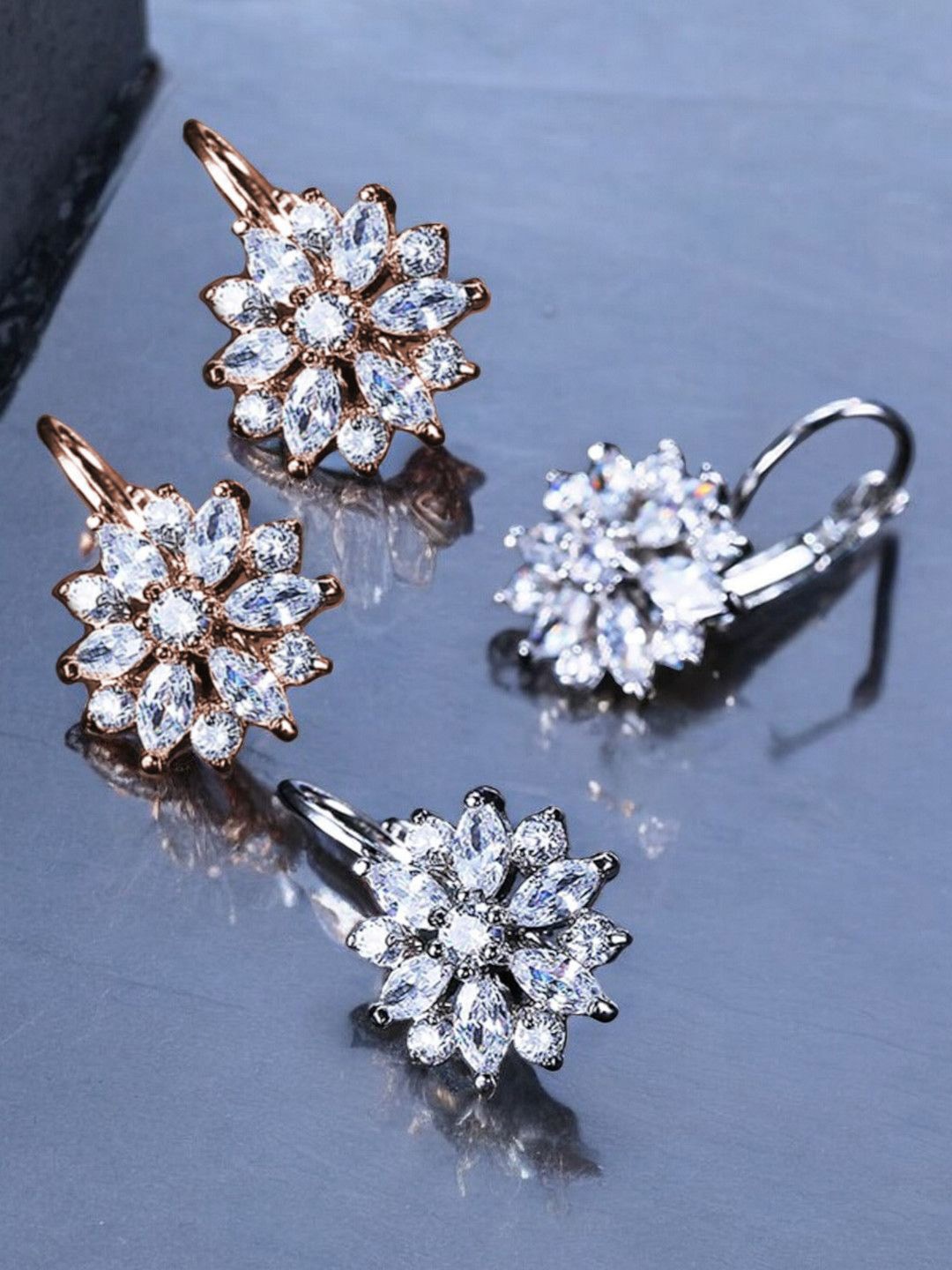 

fabula Set Of 2 Floral Shaped Cubic Zirconia Drop Earrings, Gold