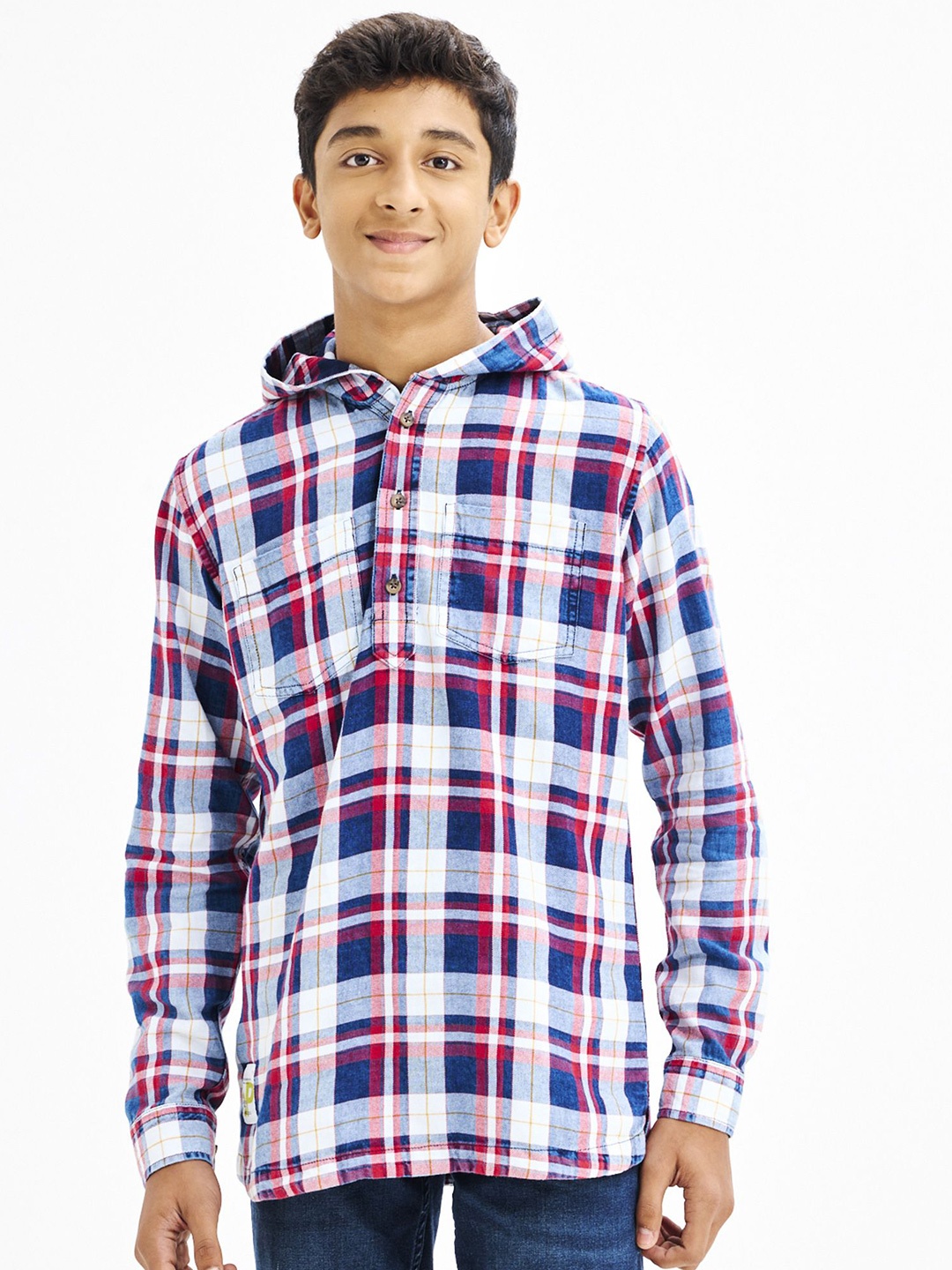 

NO MONDAYS Boys Relaxed Hood Tartan Checked Cotton Casual Shirt, Red