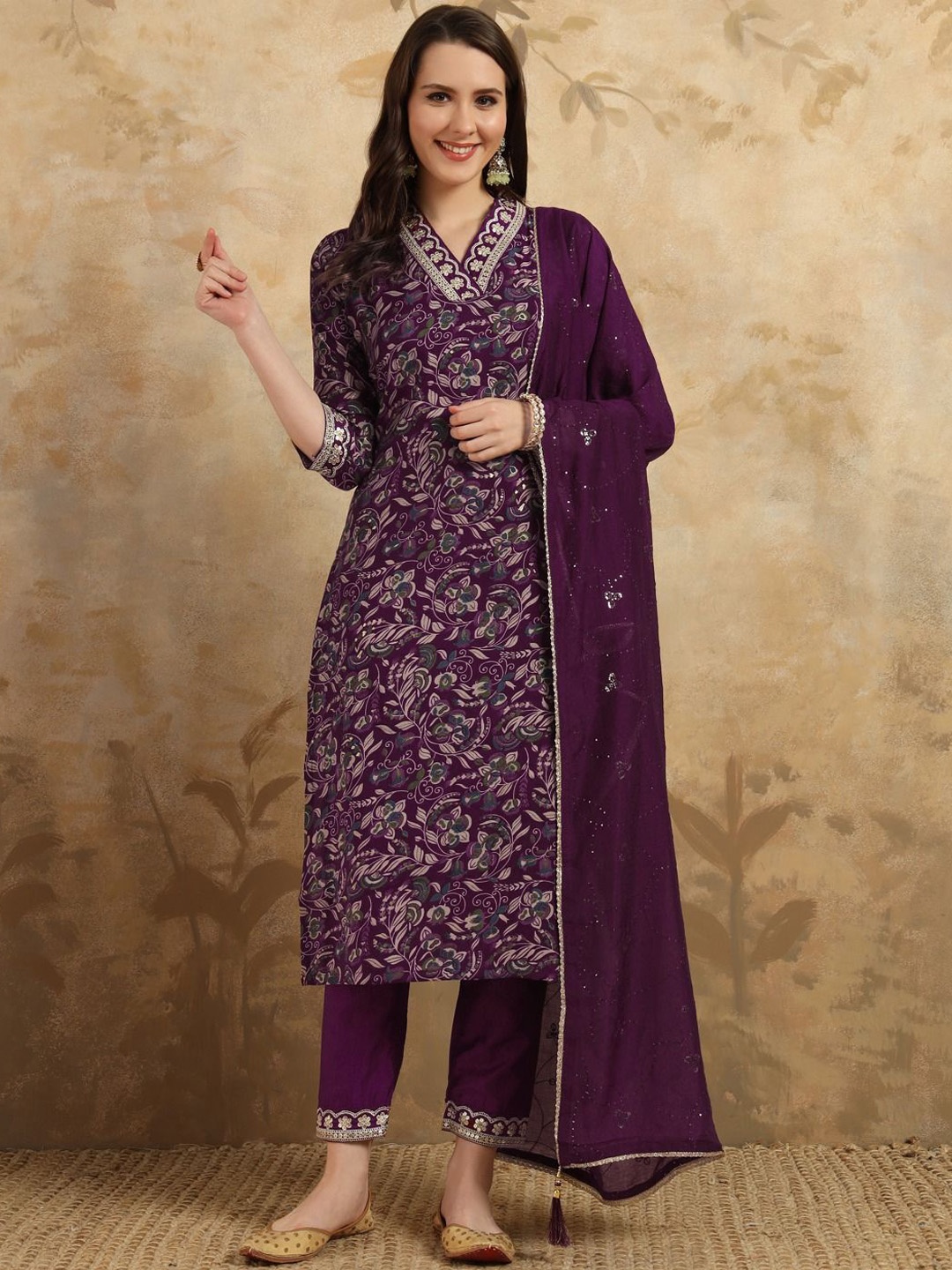 

KALINI Floral Printed Sequinned Chanderi Silk Straight Kurta With Trousers & Dupatta, Purple