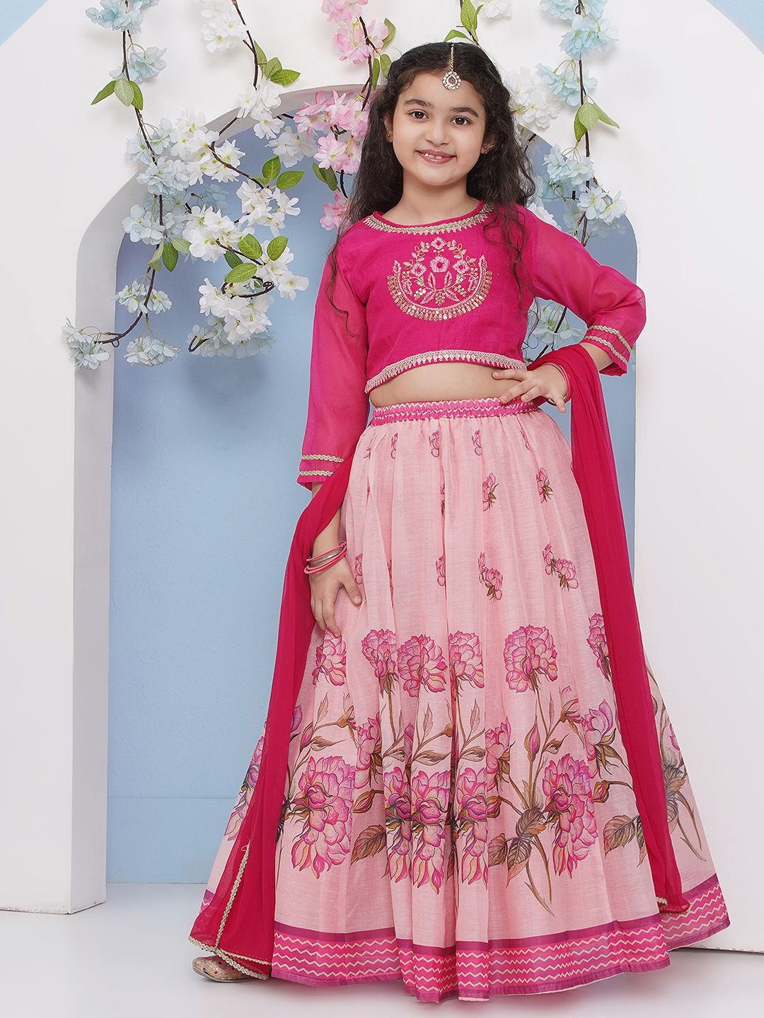 

Bitiya by Bhama Girls Embroidered Ready to Wear Lehenga & Blouse With Dupatta, Fuchsia