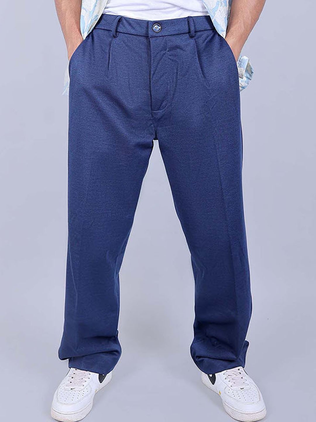 

BLUEBIRD Men Relaxed Straight Leg Loose Fit Wrinkle Free Pleated Trousers, Blue