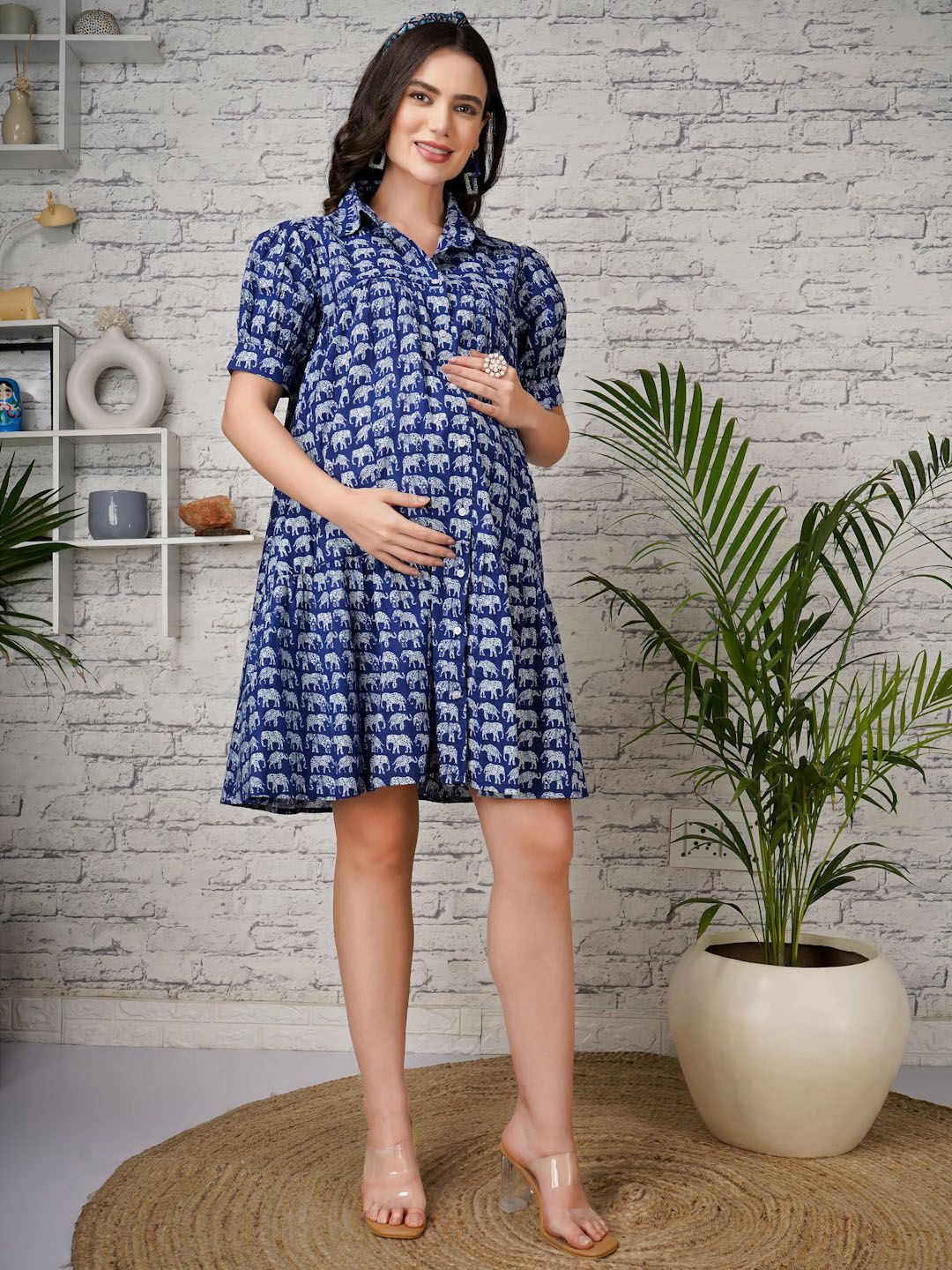 

angloindu Printed Cotton Maternity Knee Length Puff Sleeves Shirt Dress, Blue