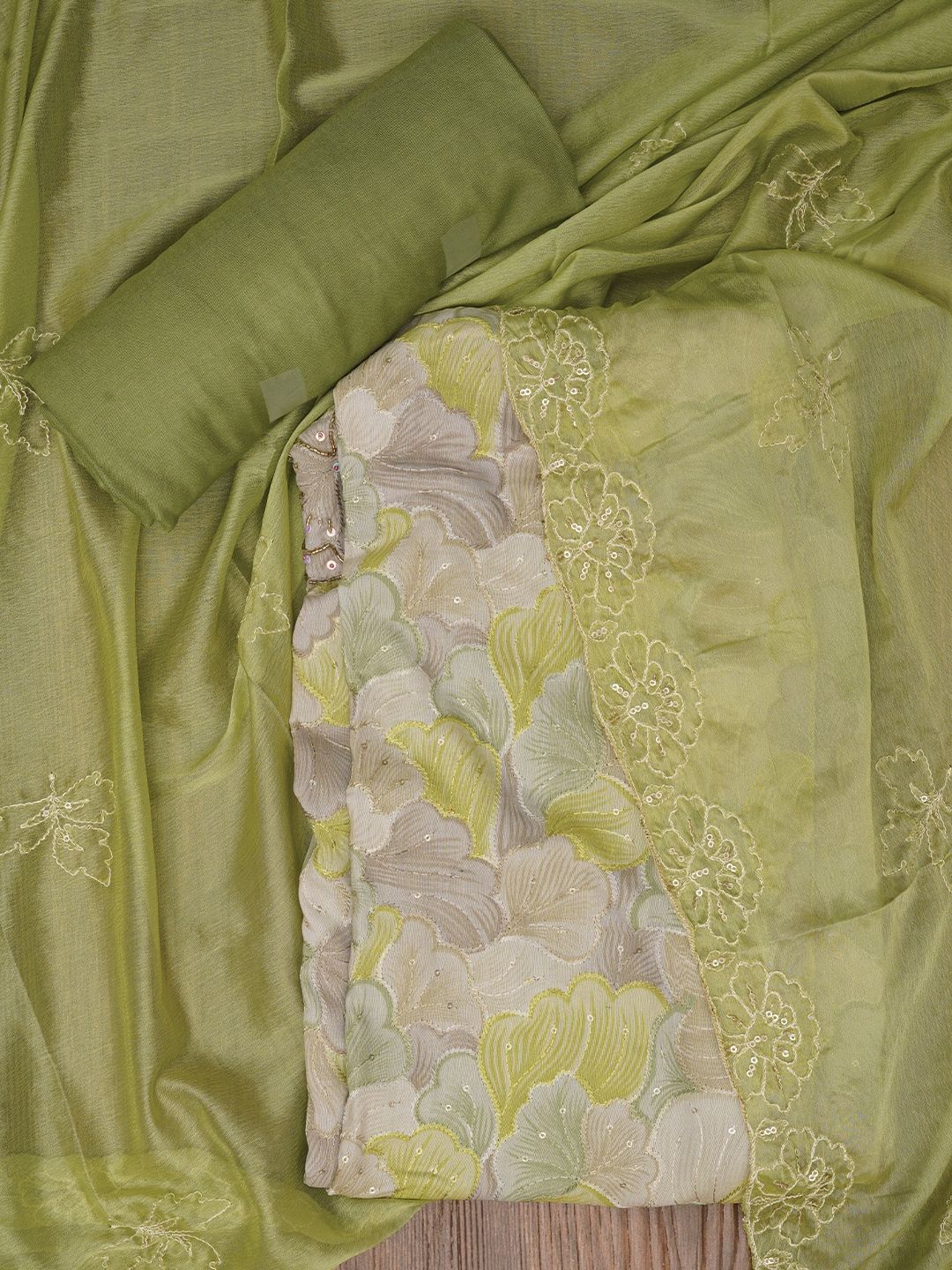 

Jaipur Kurti Sequin Embellished Floral Printed Cotton Dress Material with Dupatta, Green