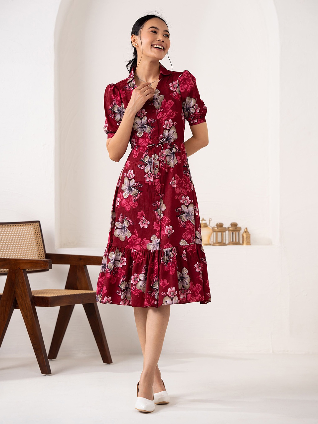 

AASK Floral Printed Puff Sleeve Fit & Flare Dress, Maroon