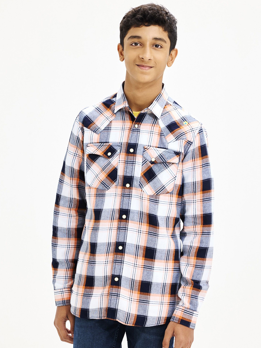 

NO MONDAYS Boys Relaxed Spread Collar Tartan Checked Cotton Casual Shirt, Orange