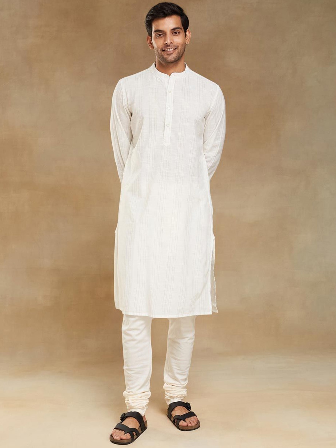 

Fabindia Striped Band Collar Slim Fit Straight Kurta, Off white