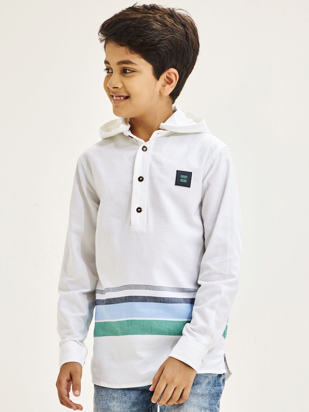 

NO MONDAYS Boys Relaxed Hood Striped Cotton Casual Shirt, White