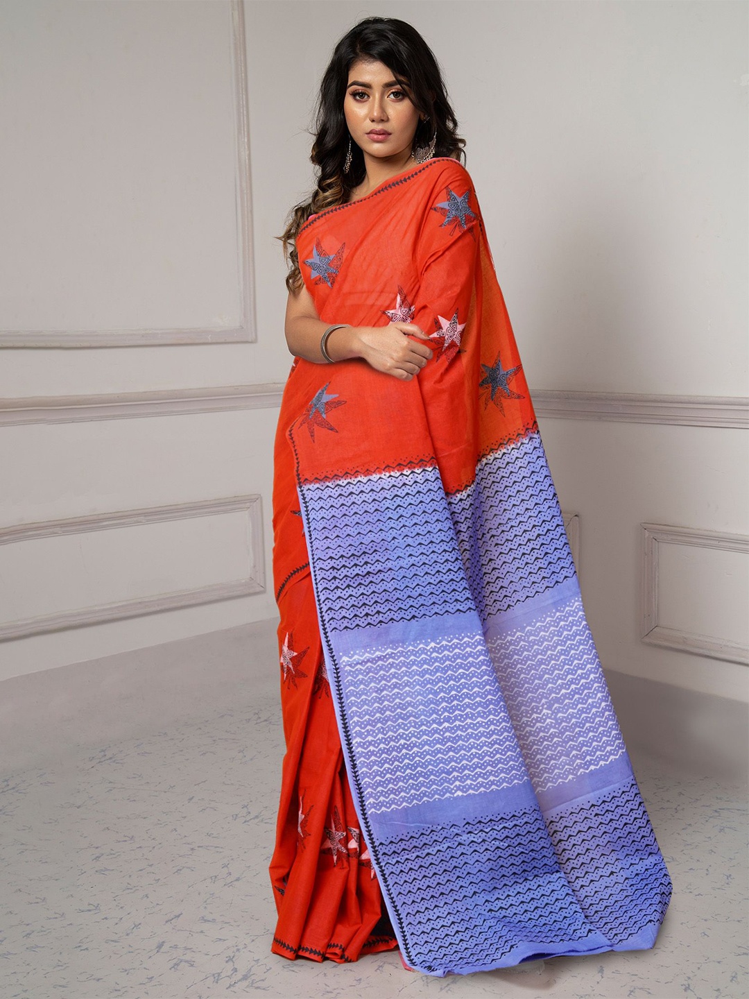

Unnati Silks Pure Cotton Handloom Block Print Saree, Red
