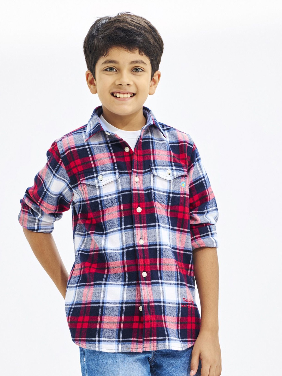 

NO MONDAYS Boys Relaxed Spread Collar Tartan Checked Cotton Casual Shirt, Red