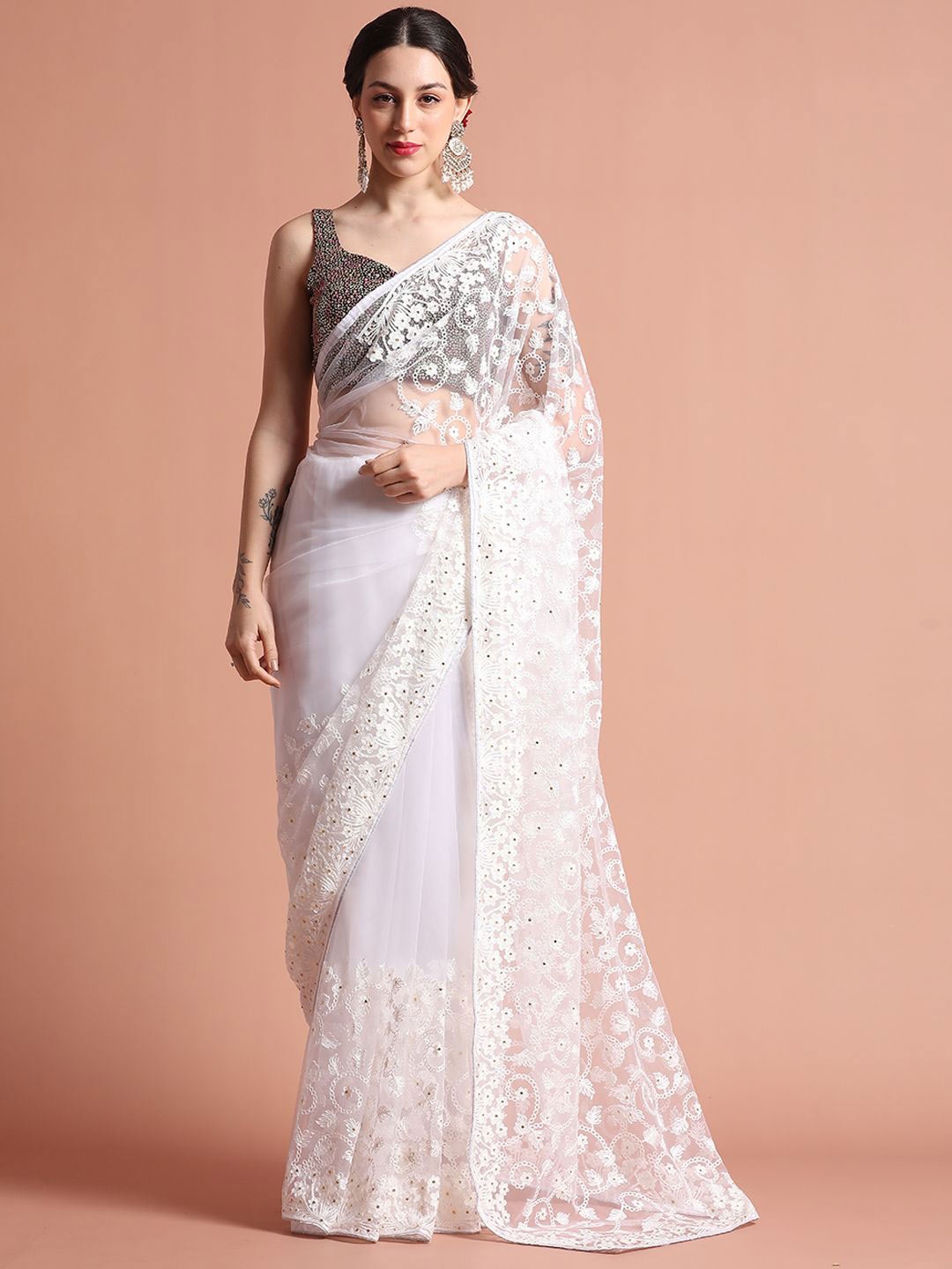 

Jaipur Kurti Party Wear Floral Embroidered Net Saree, Cream