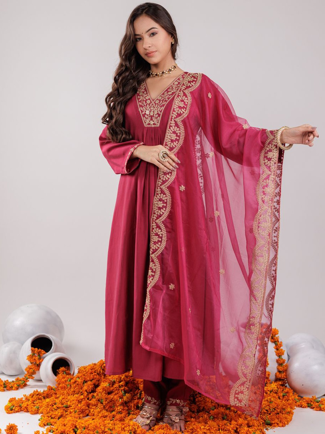 

Yufta Pink Floral Yoke Design Embroidered V-Neck Zari A-Line Kurta With Trouser & Dupatta