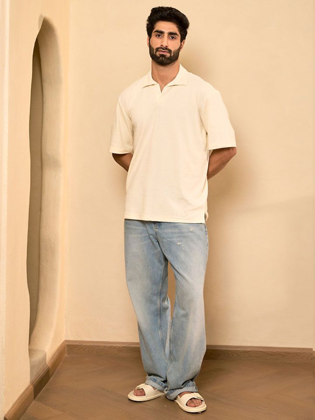 

KINGDOM OF WHITE Lagoon Men Solid Polo Collar Cotton Oversized T-shirt, Off white