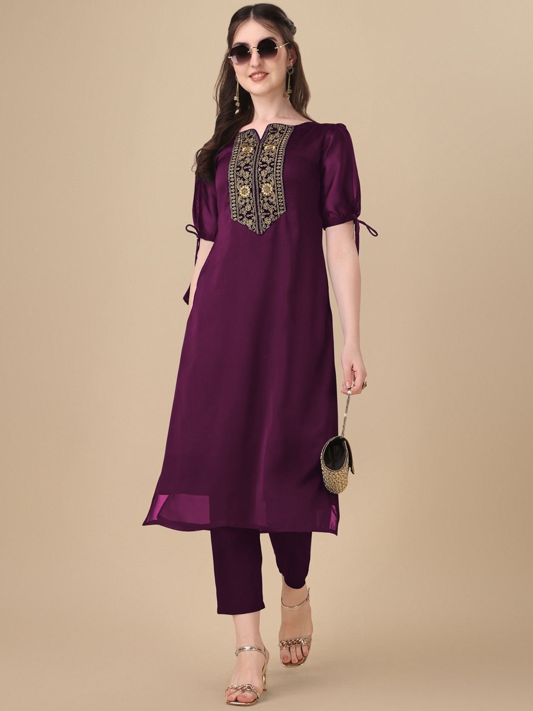 

GOROLY Floral Embroidered Puff Sleeves Thread Work Art Silk Straight Kurta, Purple