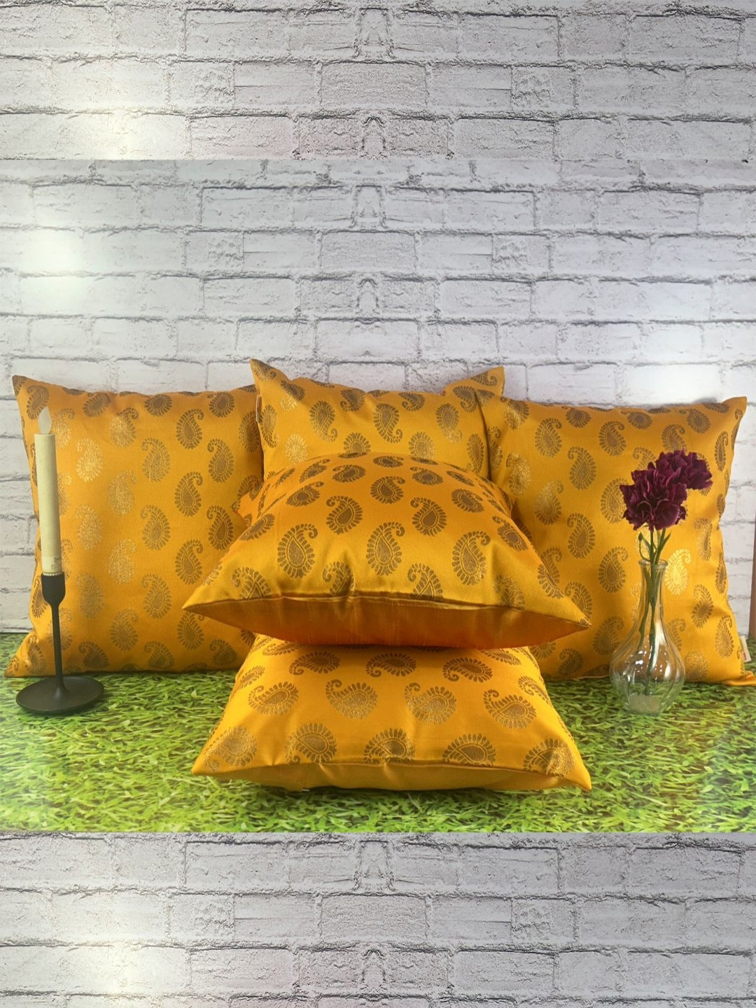 

Pink Parrot Yellow & Gold-Toned 5 Pieces Ethnic Motifs Square Cushion Covers