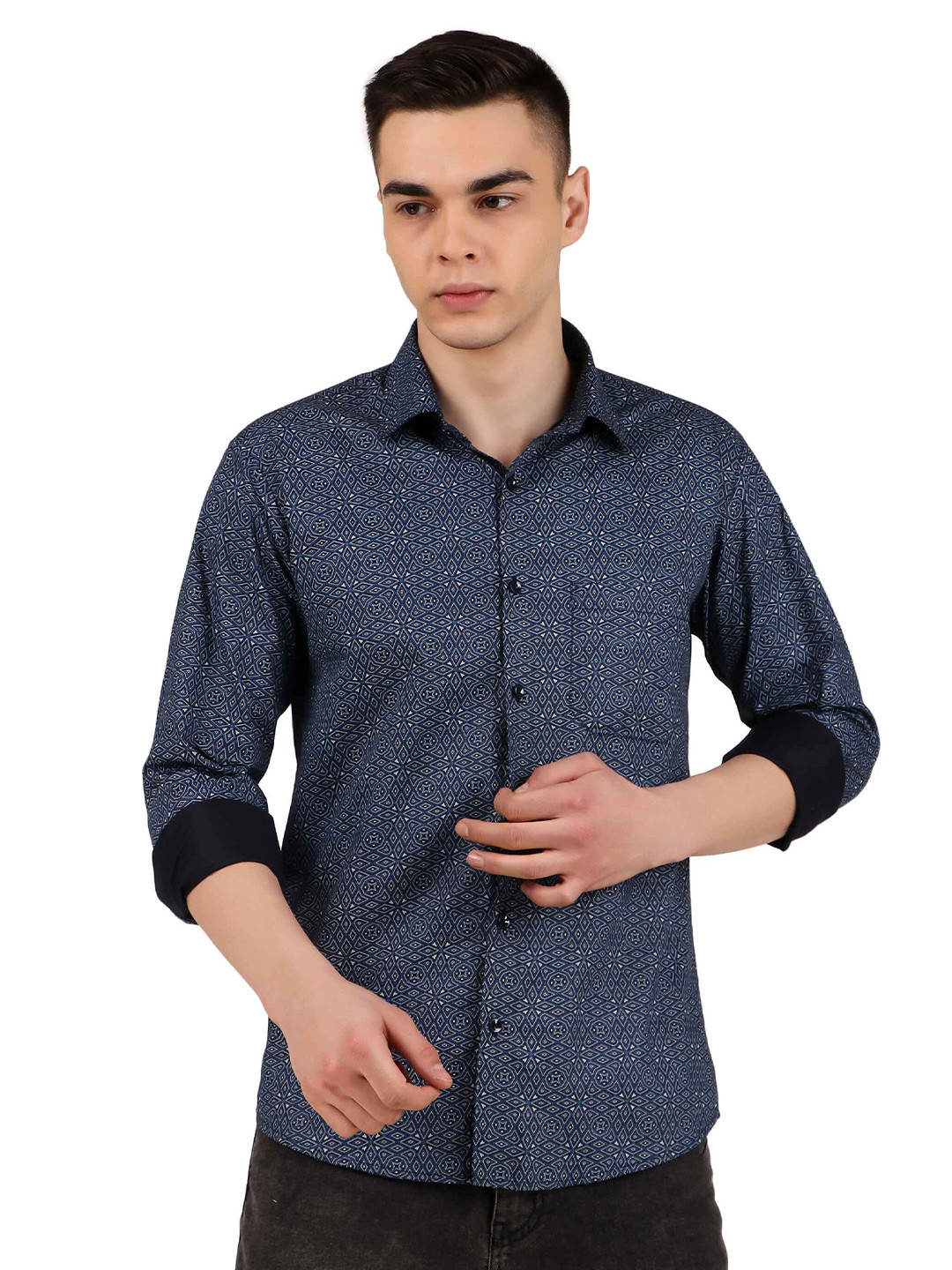 

DESIGN UP Men Classic Spread Collar Abstract Printed Cotton Slim Fit Formal Shirt, Navy blue