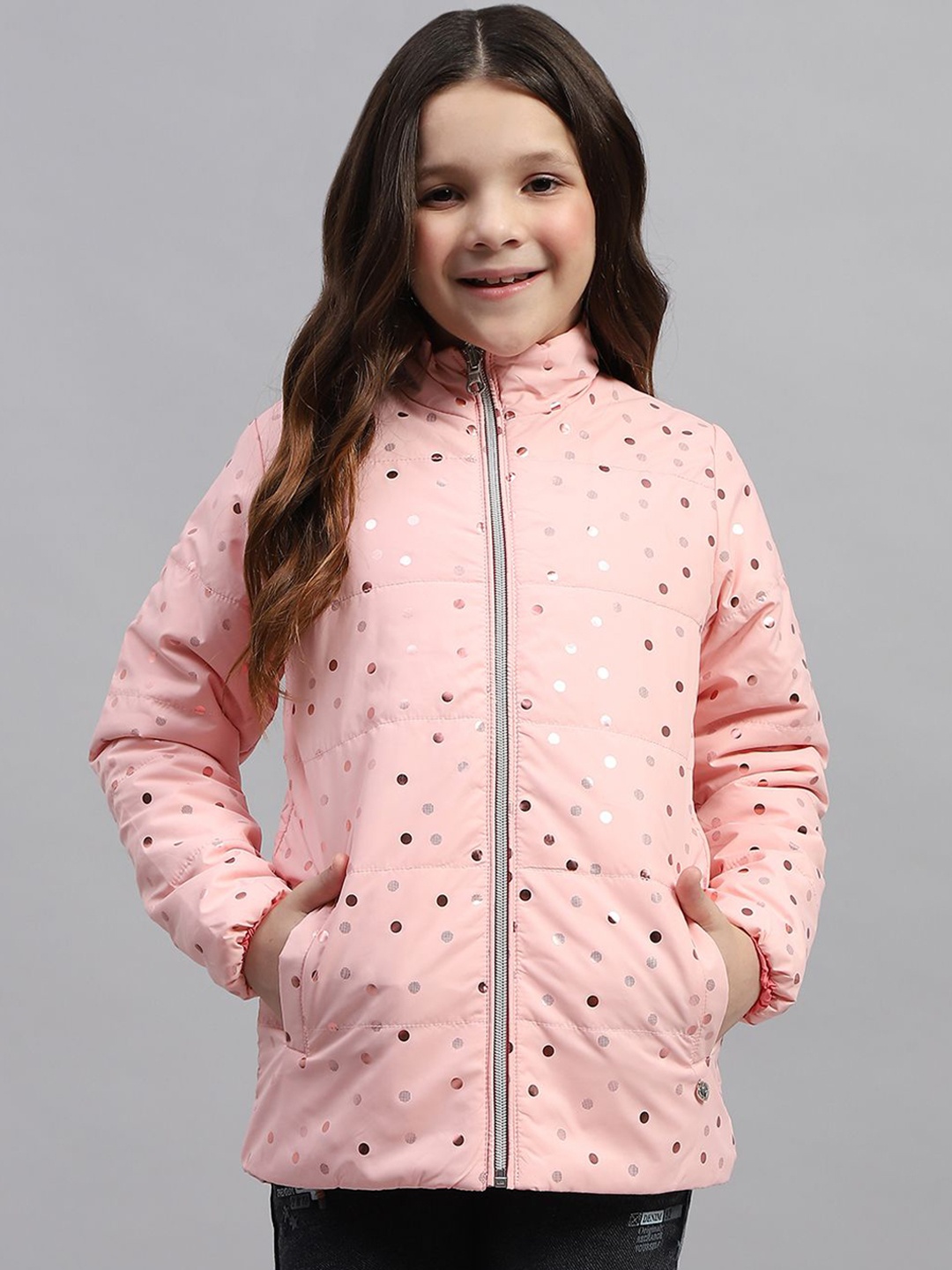 

Monte Carlo Girls Geometric Printed Mock Collar Quilted Jacket, Pink