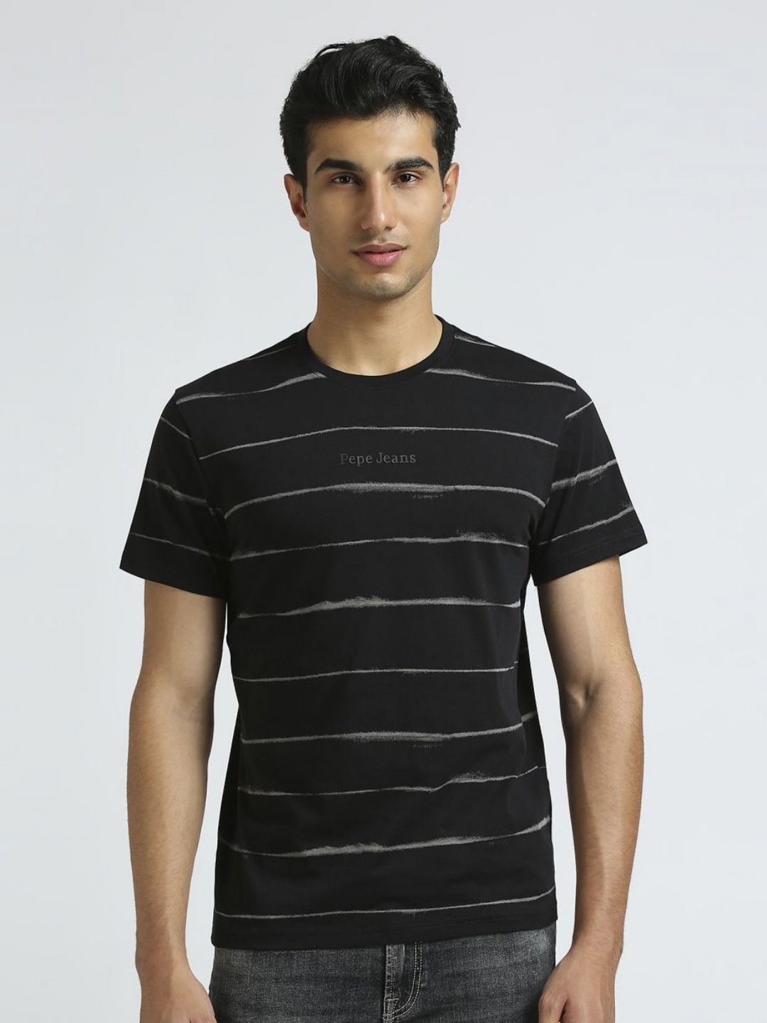 

Pepe Jeans Men Striped Round Neck Cotton Slim Fit T-shirt, Black