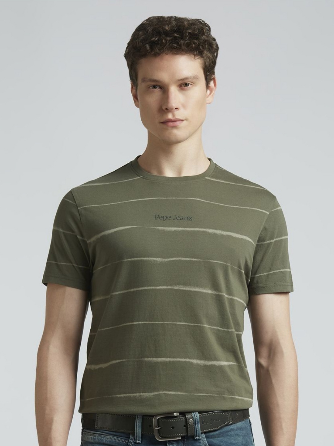 

Pepe Jeans Men Striped Round Neck Cotton Slim Fit T-shirt, Green