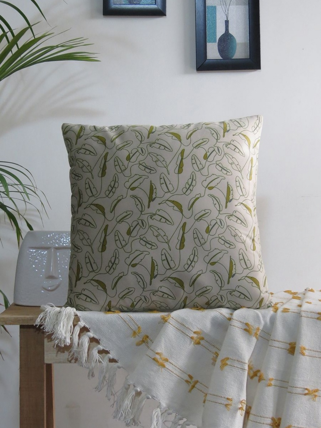 

Mid July Home Off White & Green Floral Printed Velvet Square Cushion Covers