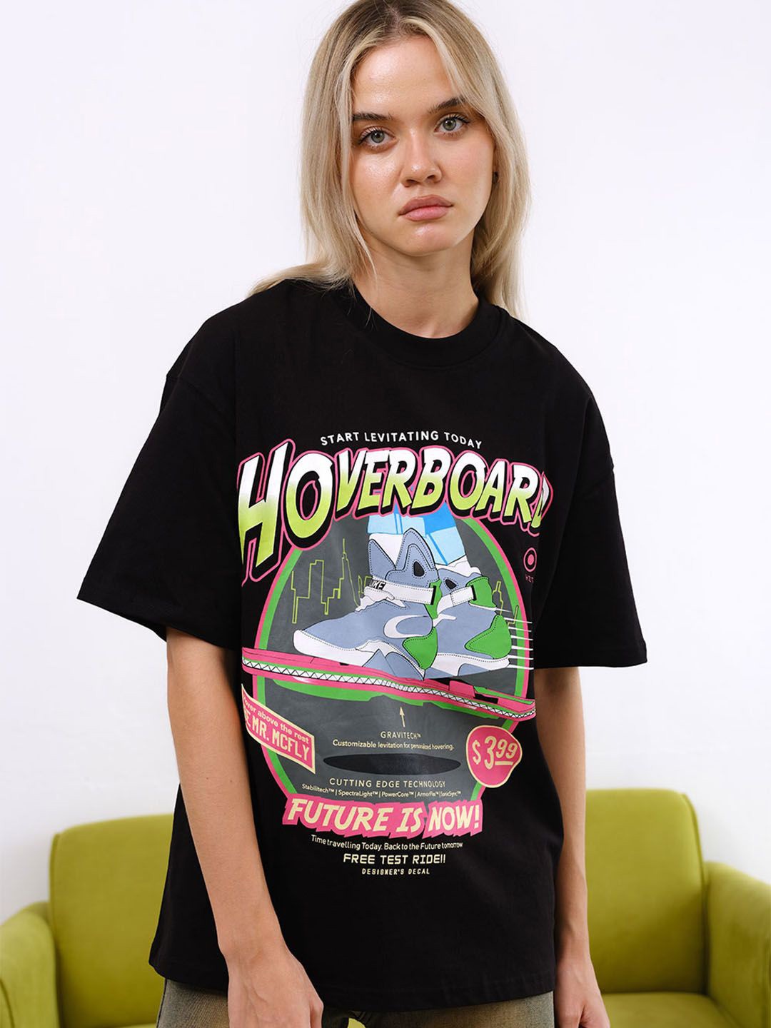 

Bonkers Corner Women Graphic Printed Round Neck Cotton Oversized T-shirt, Black