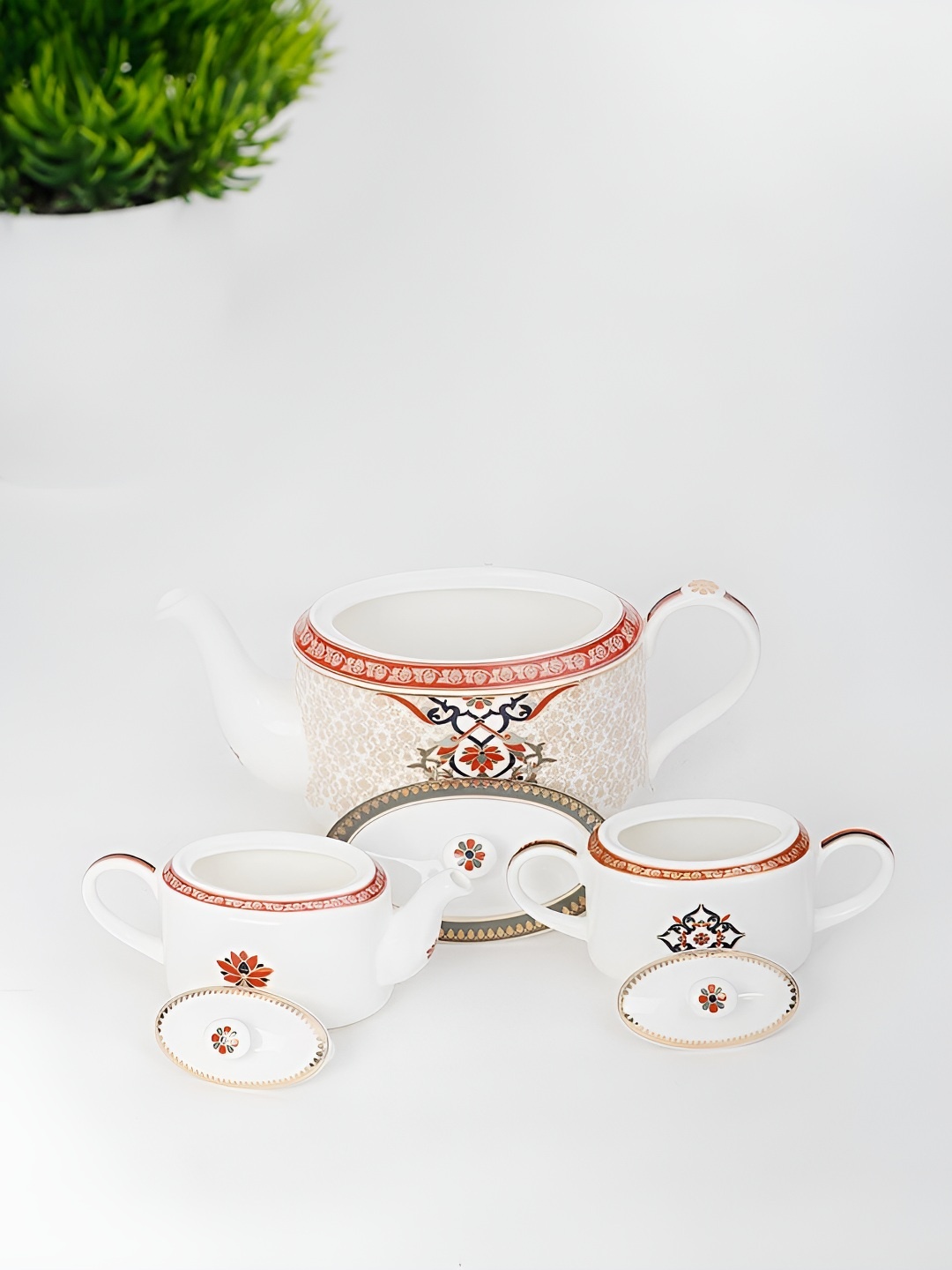 

Fabindia Jodha Red anmd White 3 Pieces Printed Ceramic Beverage Tea Set