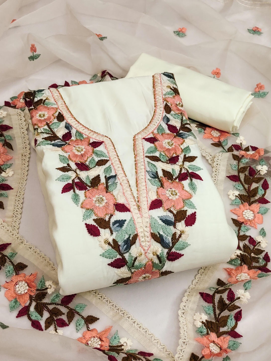 

Maroosh Floral Embellished Beads and Stones Organza Unstitched Dress Material, Off white